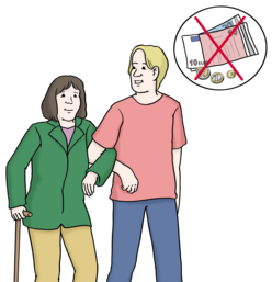 Mann Harkt Frau mit Stock ein, Gelf ist durchgestrichen