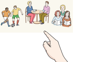 Eine Hand zeigt auf unterschiedliche Situationen, Fussball, zwei Personen am Tisch trinken Kaffee und 3 Personen haben Blätter in der Hand und singen