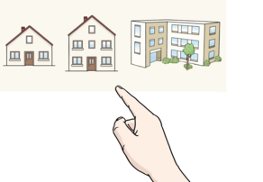 Drei unterschiedliche Gebäude und eine Hand zeigt darauf.