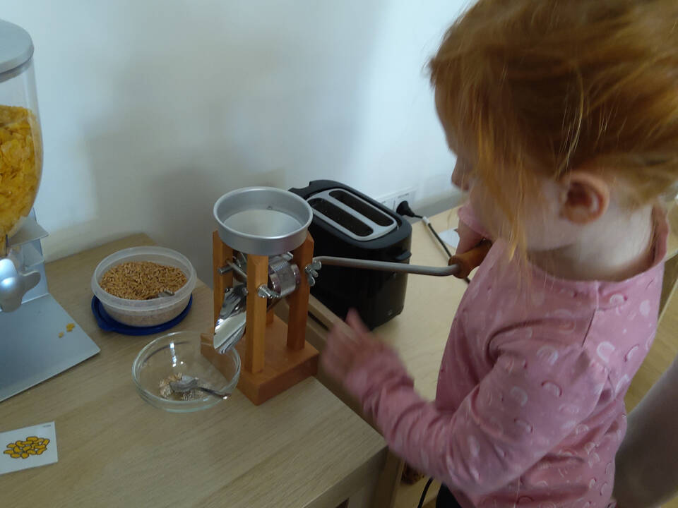 Ein Kind dreht an der Kornquetsche