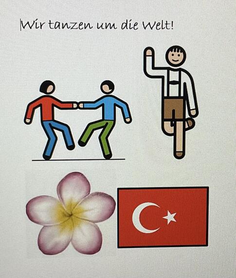 Ein Bild mit tanzenden Figuren, einer Blüte und der türkischen Flagge