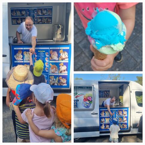 Fotocollage mit Kindern, Eis und Eiswagen.