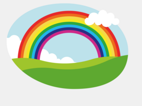 Grafik ein Regenbogen auf einer Wiese und einer Wolke