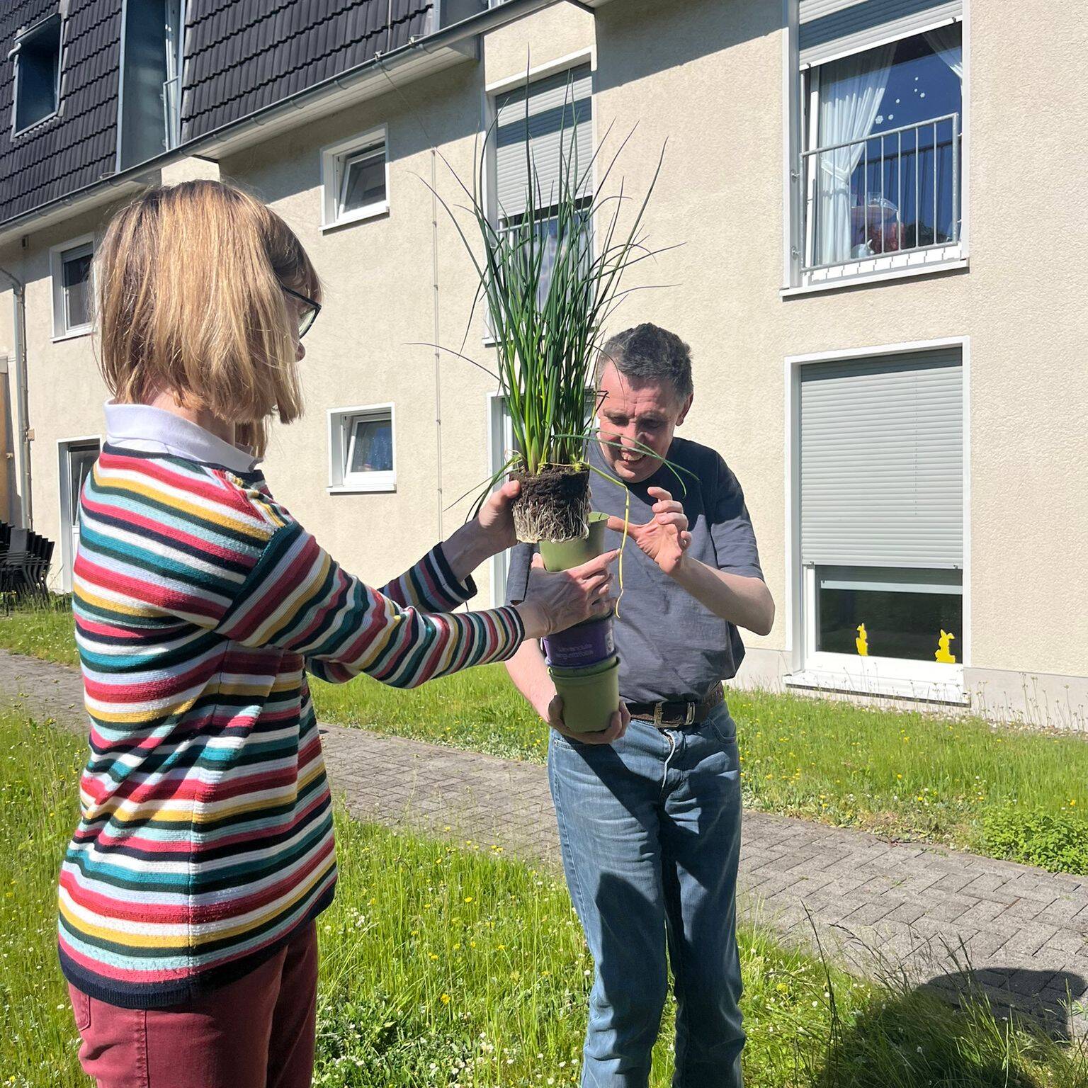 Zwei Personen mit einer Pflanze in der Hand.