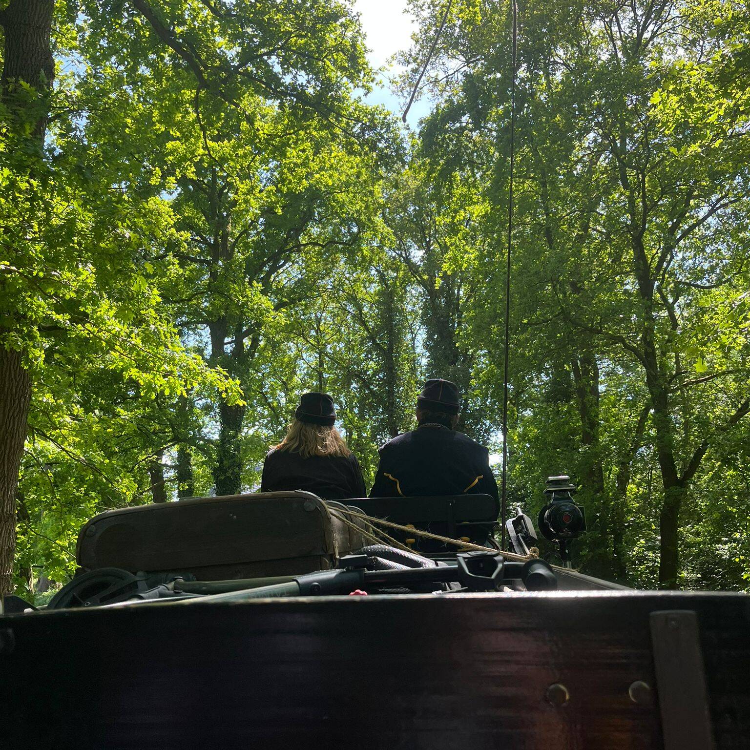 Ein Bild der Kutscher und Kutscherin von hinten.