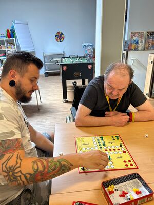 Zwei Männer spielen Mensch ärgere dich nicht.