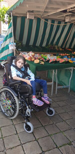 Eine Person im Rollstuhl neben einem Marktstand.