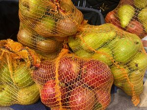 Äpfel in Netzen.